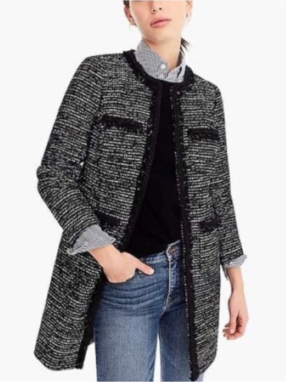 J. Crew Black & White Tweed Long Jacket | 16